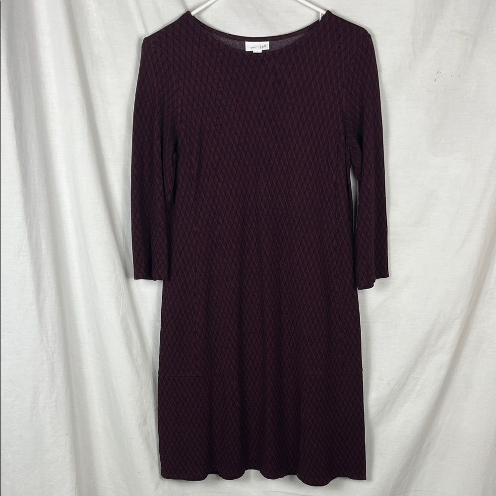 J. Jill Ponte Knit Burgundy and Black Harlequin Diamond 3/4 Sleeve Midi Dress